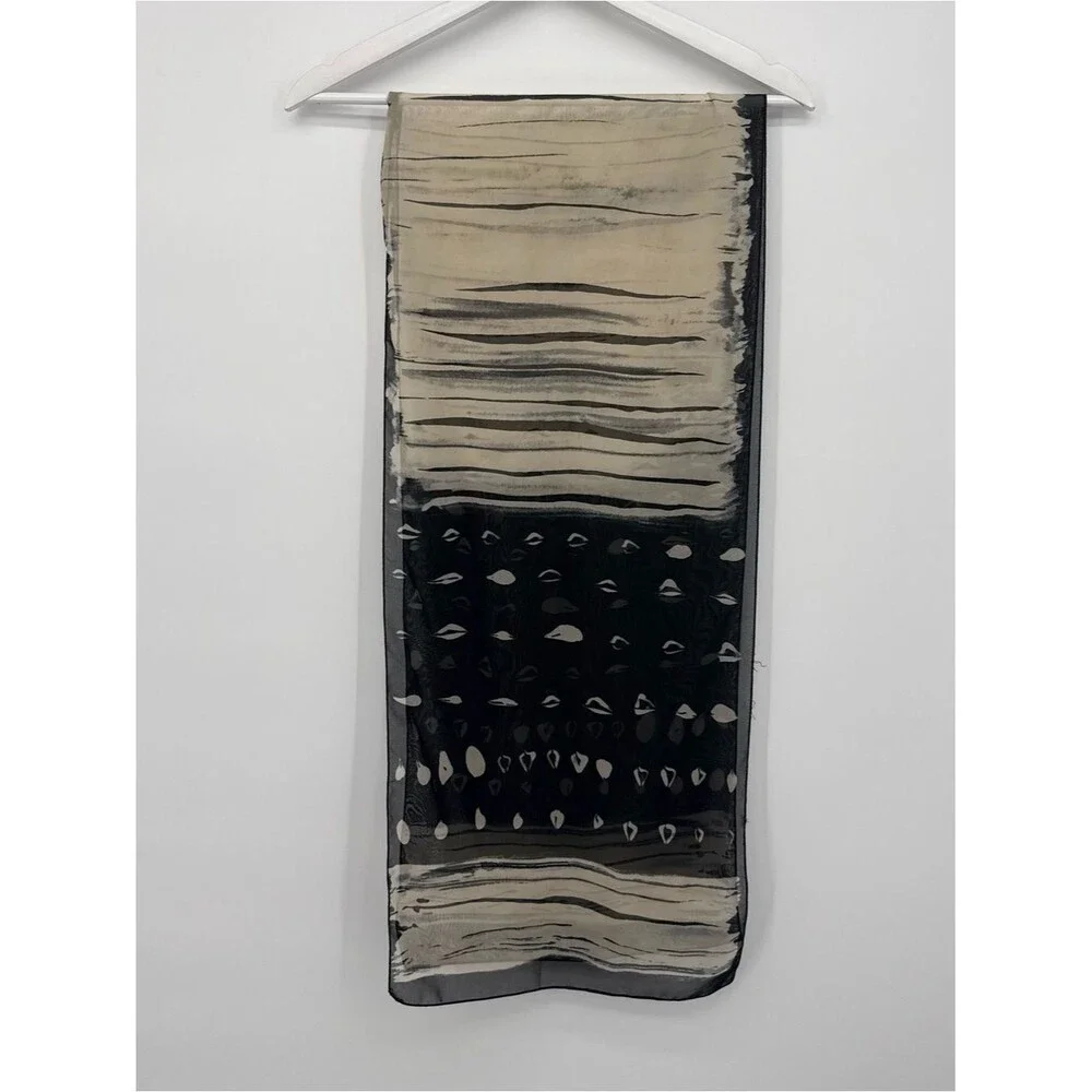 Unbranded Lightweight Abstract Sheer Rectangle Scarf Accessory Black Tan Vintage